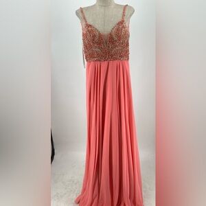 JVN by Jovani Coral Long Beaded Top Spaghetti Strap Gown